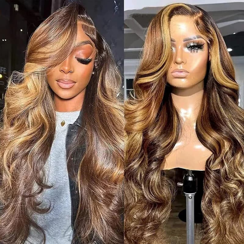 Honey Blonde Highlight Body Wave Wig - T Part Lace Front Human Hair Wig | Pre-Plucked