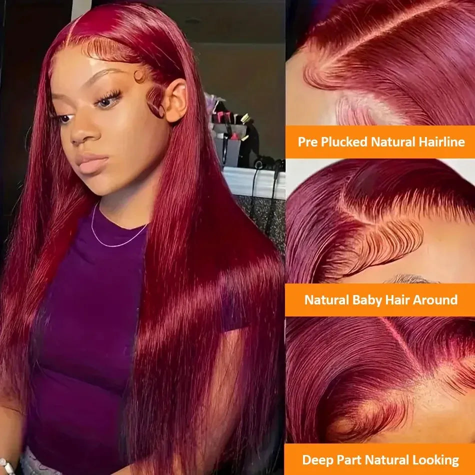 Burgundy 99J Straight Lace Front Wig 36 Inch - 13x6 HD Lace 200% Density | Wine Red Human Hair