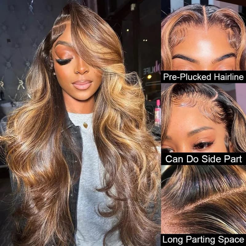 Honey Blonde Highlight Body Wave Wig - T Part Lace Front Human Hair Wig | Pre-Plucked